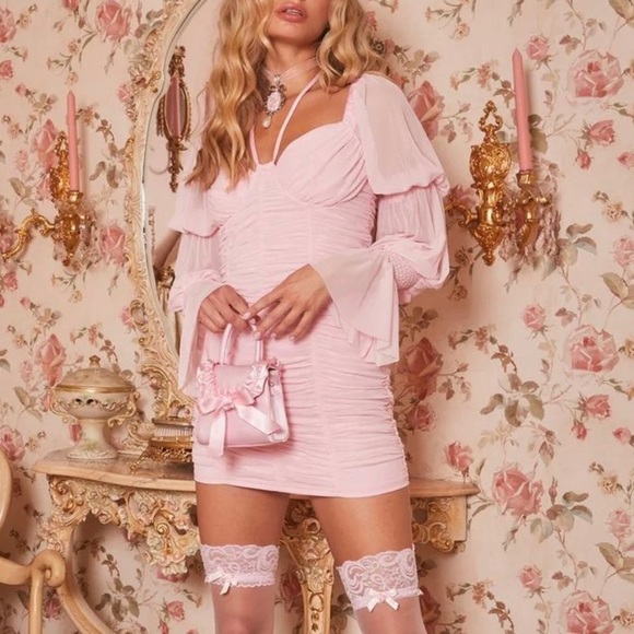 Dolls Kill Dresses & Skirts - Sugar thrillz mesh puff sleeve ruched mini dress pink dolls kill